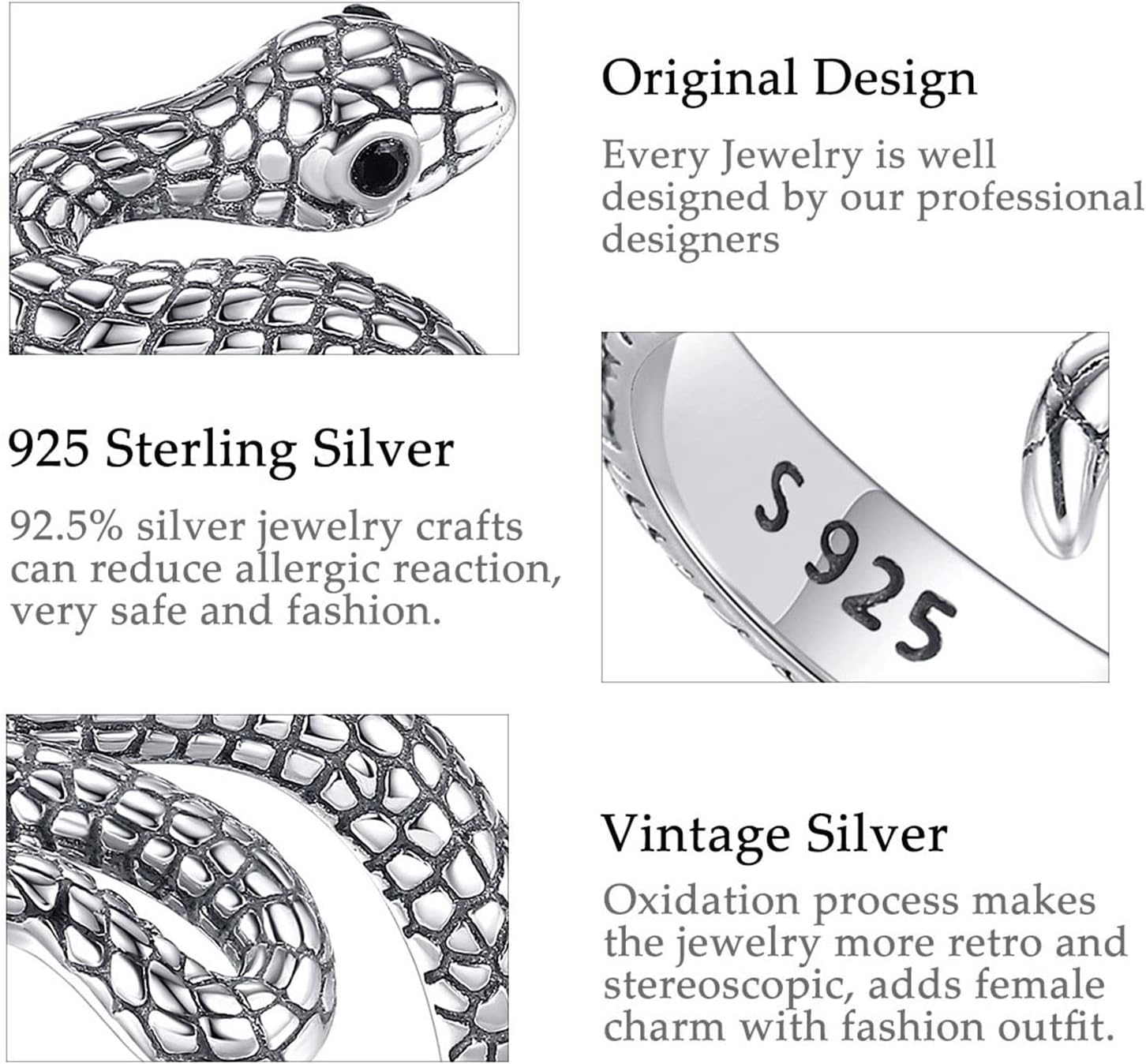 Vito 925 Sterling Silver Animal Rings for Women Men, Adjustable Snake Band Ring Wolf Octopus Rings Jewelry Gift for Daughter Son - Image 6