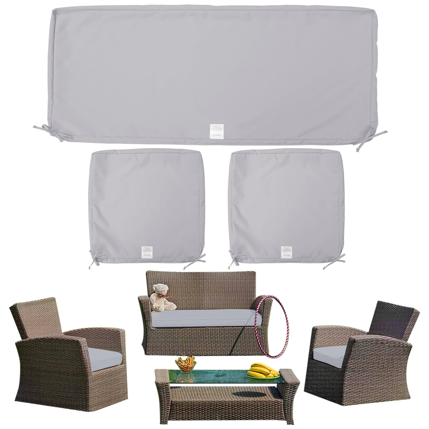 ClawsCover 3 Pack Outdoor Patio Seat Cushion Replacement Covers Fit for 4 Pieces 4-Seater Wicker Rattan Patio Conversation Set Loveseat Chair Couch Furniture Set,Gray-Include Cover Only