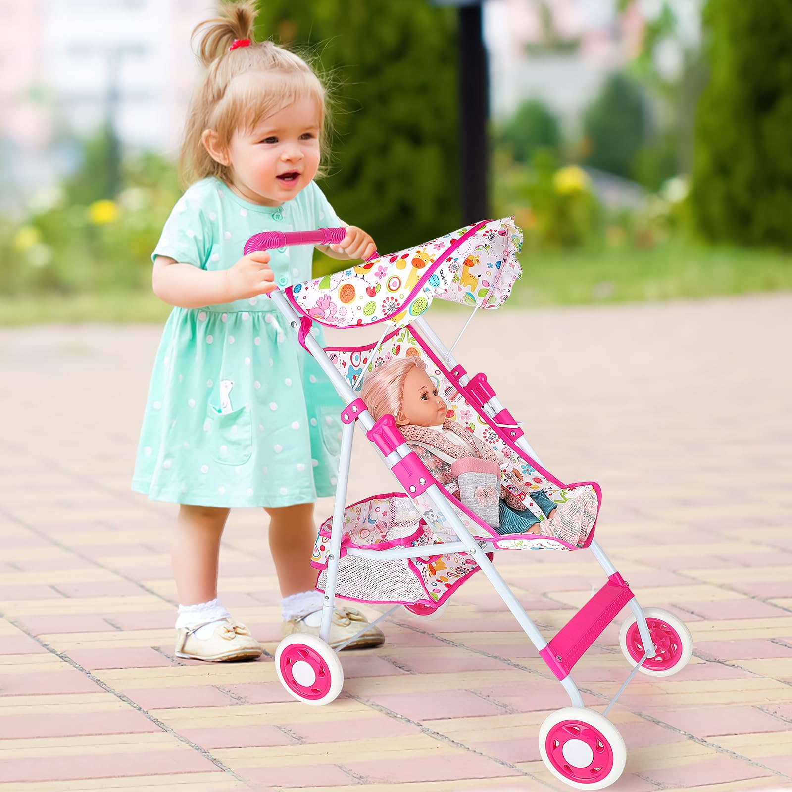 deAO Baby Doll Stroller for Girls, Baby Doll Accessories with Feeding Bottle Simulated Juice Milk and Rattle Toy, Foldable Doll Stroller for Toddler Kids Boys Girls, for 12in 14in 16in Doll