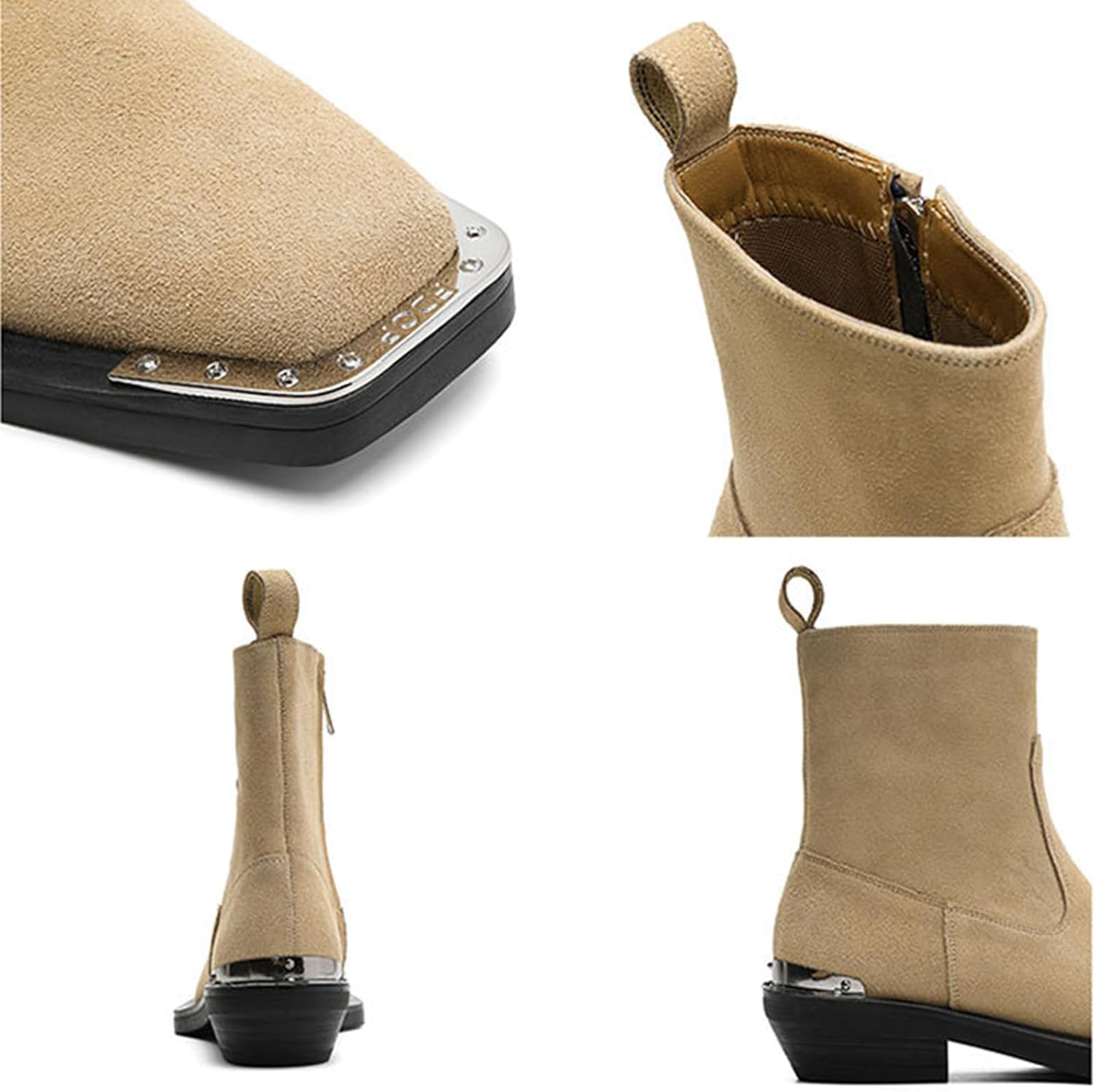 Men's Leather Chunky Heel Chelsea Boots Fashion Metal Decoration Square Toe Side Zip Dress Boots Comfortable Business Casual Ankle Boots - Image 3