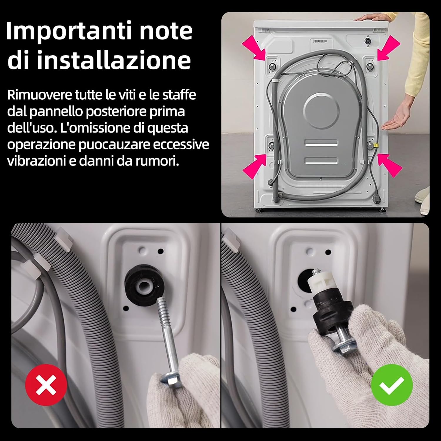 Important installation notes: Removing transport bolts from the rear panel before use.