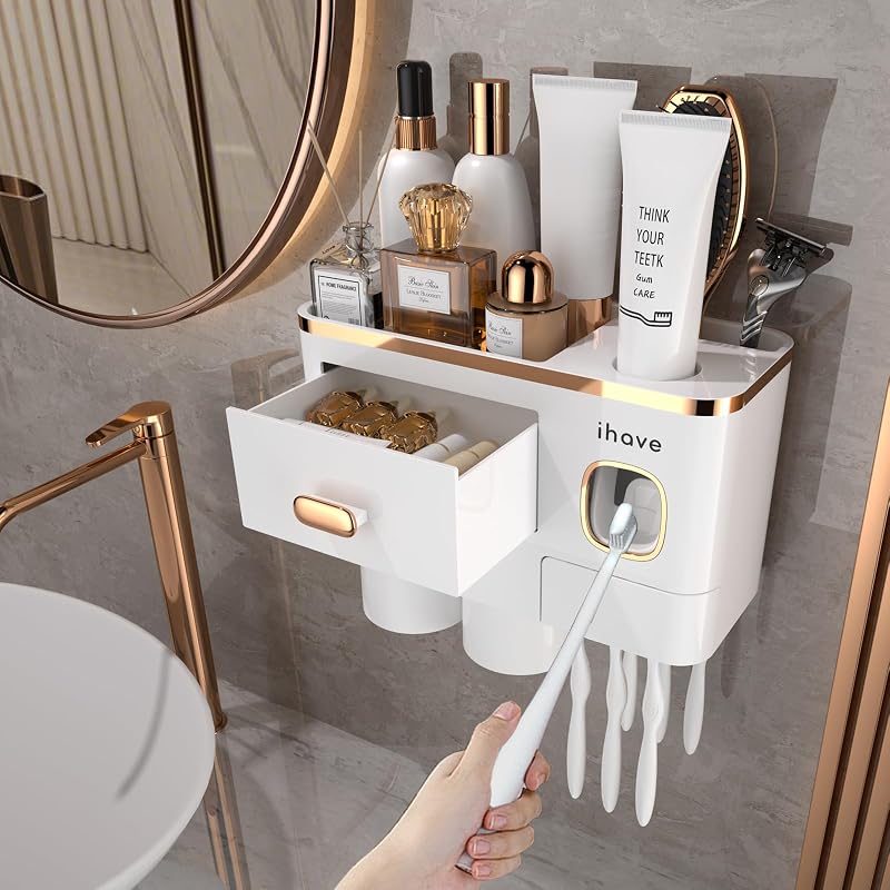 iHave Toothbrush Holders Bathrooms Wall Mount Toothpaste Dispenser & 2 Cups | Elegant White & Gold Bathroom Decor: 2 Cups, 6 Slots, Toothpaste Dispenser, Tray & Drawer Wall Mount Toothbrush Organizer