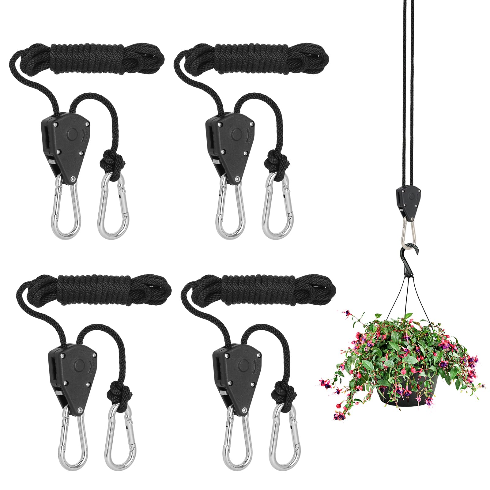 Cordes à Cliquet Réglables – Lot De 4 – Charge 68 Kg/paire – Nylon – Pour Lampes De Culture, Pots, Tentes Sangle Cliquet Suspension