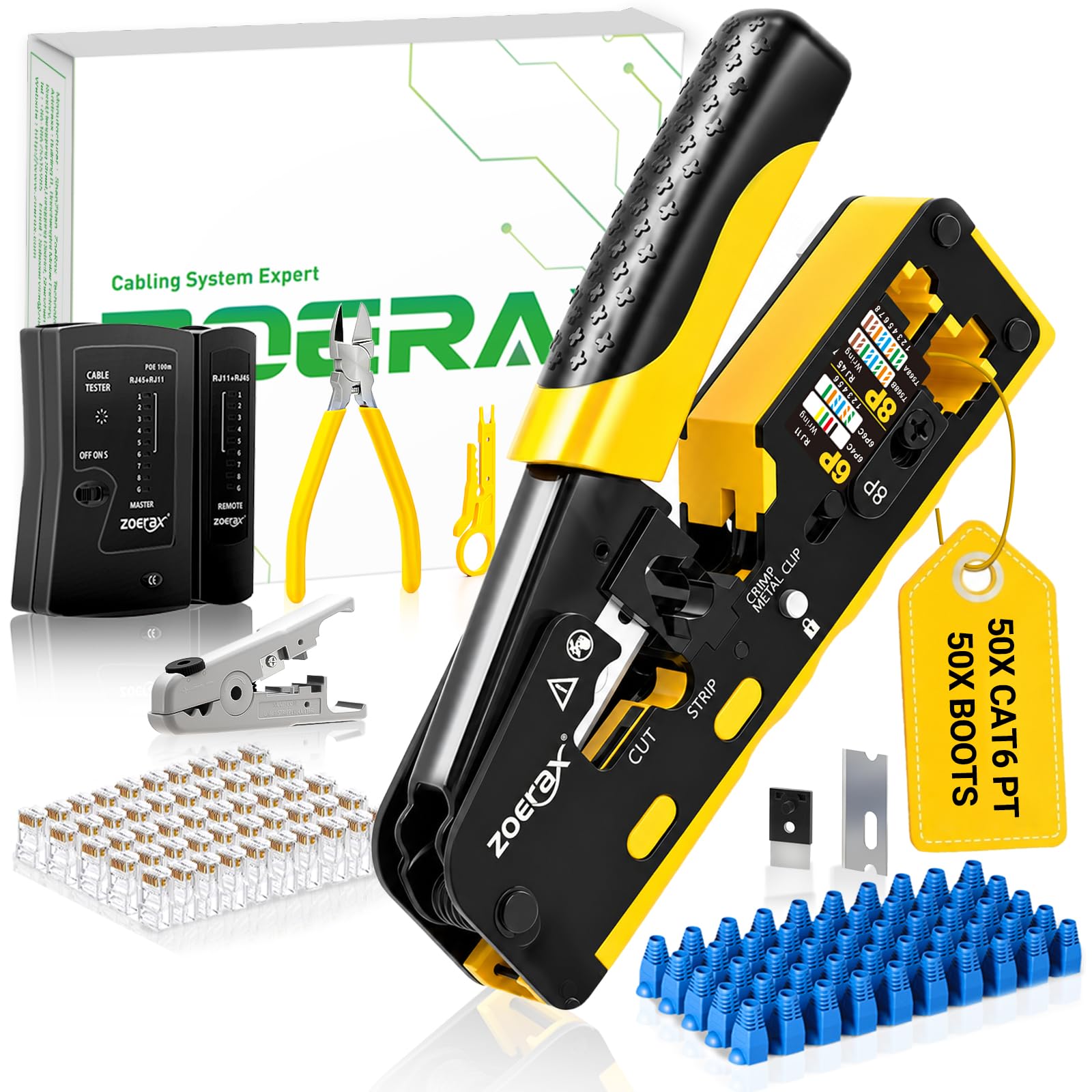 Strumento di crimpatura Cat7 RJ45, Kit di crimpatura Ethernet Cat7, Cat6, Cat5, con tester per cavi, spelafili multistrato, lame, 50 connettori Cat6 e stivali antistrappo