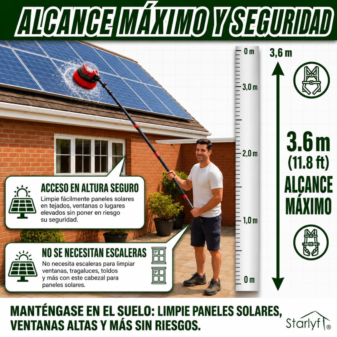 STARLYF Telescopic Rotating Scrubber - Cepillo de Limpieza Giratorio por Presión de Agua, Extensible hasta 3,6m - 2 Cabezales para Ventanas, Suelos, Coches, Embarcaciones