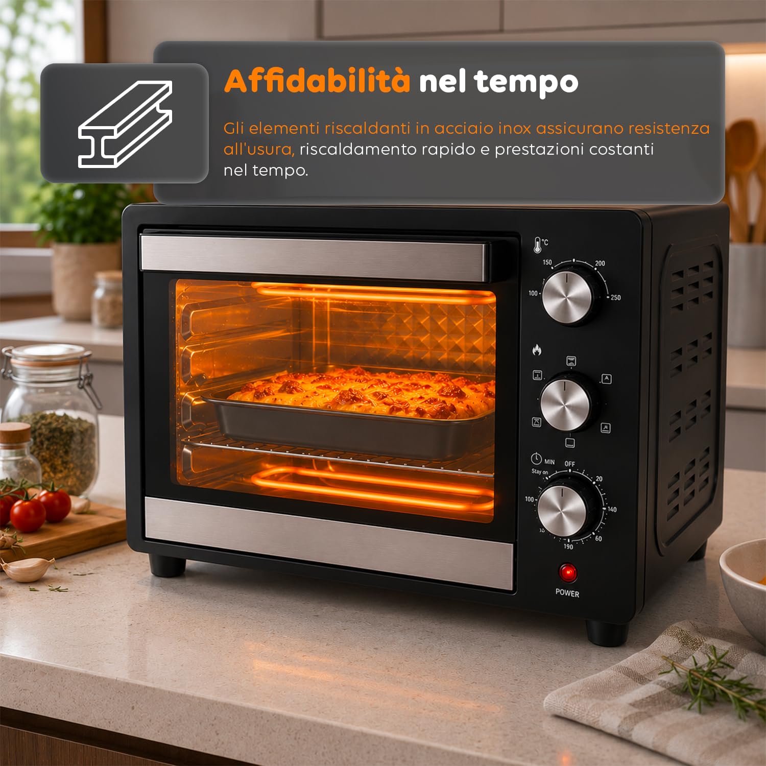 WINTEM Forno Elettrico da Banco 45 Litri Multifunzione Ventilato — Fornetto Elettrico con Timer, Doppio Vetro, Grill e Teglia in Acciaio Inox, 1800W