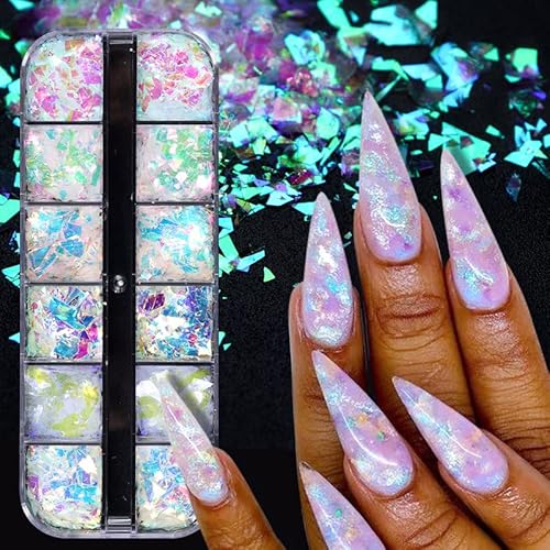 Holographic Mermaid Nail Art Glitter Flakes JMEOWIO 12 Grids Holographic Nail Foil Gradient Bright Iridescent Ice Slag Nail Sequins Paillettes Summer Nail Art Decoration for Women Girls