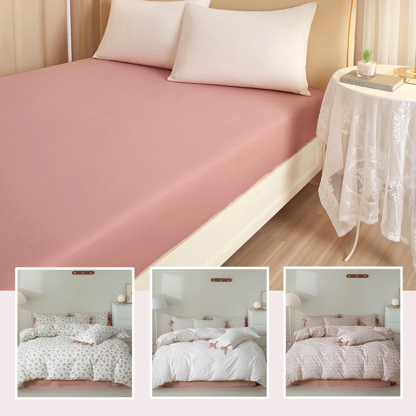 Twin Fitted Sheet Only,100% Cotton Blush Pink Bottom Sheet with 15