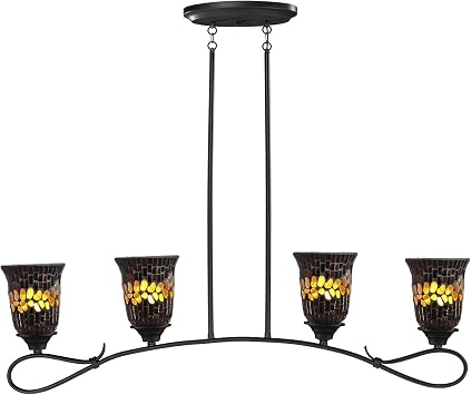 Dale Tiffany TH14256 Copper Shell 4-Light Hanging Fixture with Ceiling Dark Bronze Metal Finish and Amber Hand Rolled Mosaic Tiffany Art Glass for Home Decor, Living Room, and Dining Room