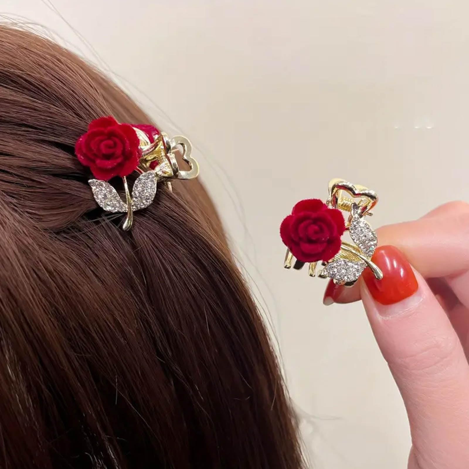 Yheakne Vintage Mini Velvet Flower Hair Claw Clip Tiny Red Rose Rhinestone Hair Clamp Clip Gold Cz Flower Barrette Floral Hair Claw Barrette
