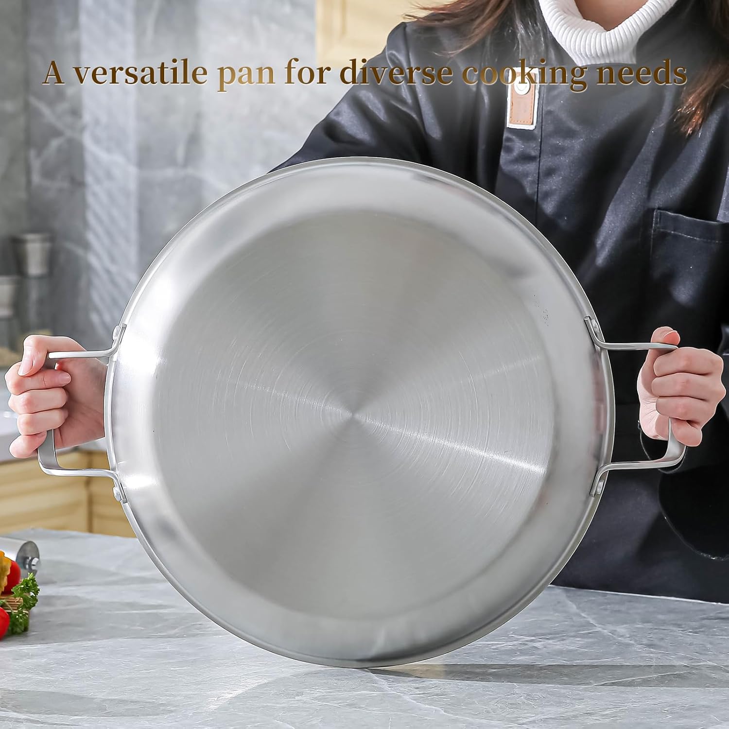 DELARLO Paella Pan With Lid 14 Inch Tri-Ply Large Stainless Steel Nonstick Frying Pan,Induction Skillets,Fast Heating Cookware,Indoors Outdoors,paelleras para 12 personas Jumbo Cooker