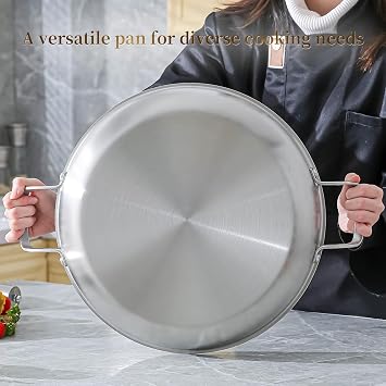 DELARLO Paella Pan With Lid 14 Inch Tri-Ply Large Stainless Steel Nonstick Frying Pan,Induction Skillets,Fast Heating Cookware,Indoors Outdoors,paelleras para 12 personas Jumbo Cooker