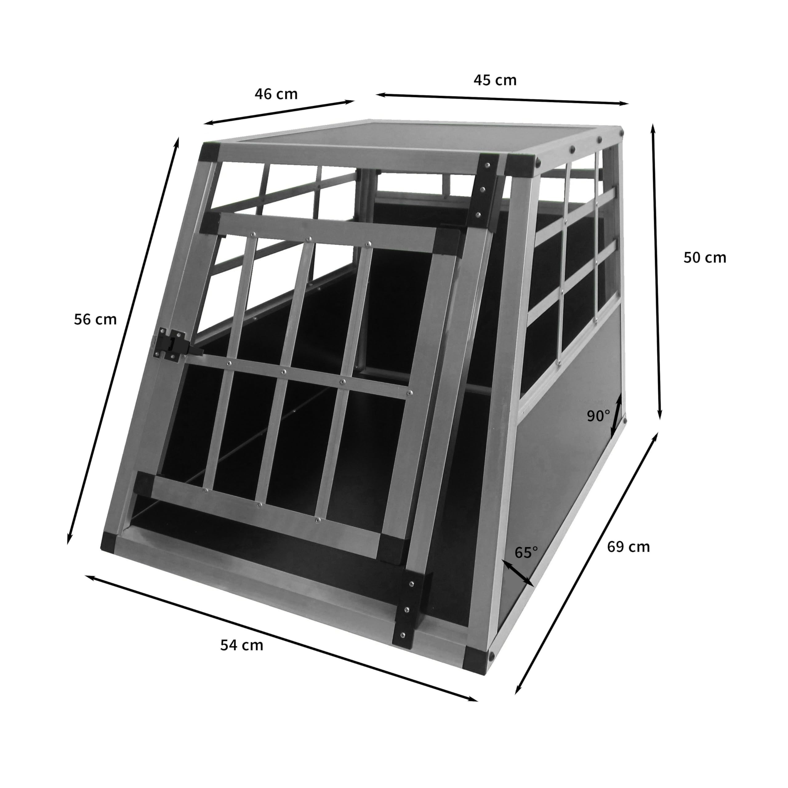 Cage de Transport en Aluminium 50 x 54 x 69 cm - 1 Porte - Angle 65° Avant et 90° Arrière - Parfaite pour Voyage Trajet Animaux Petit Format Sécurité Toutout Chien Chat Lapin [Tapis de Sol Inclus]