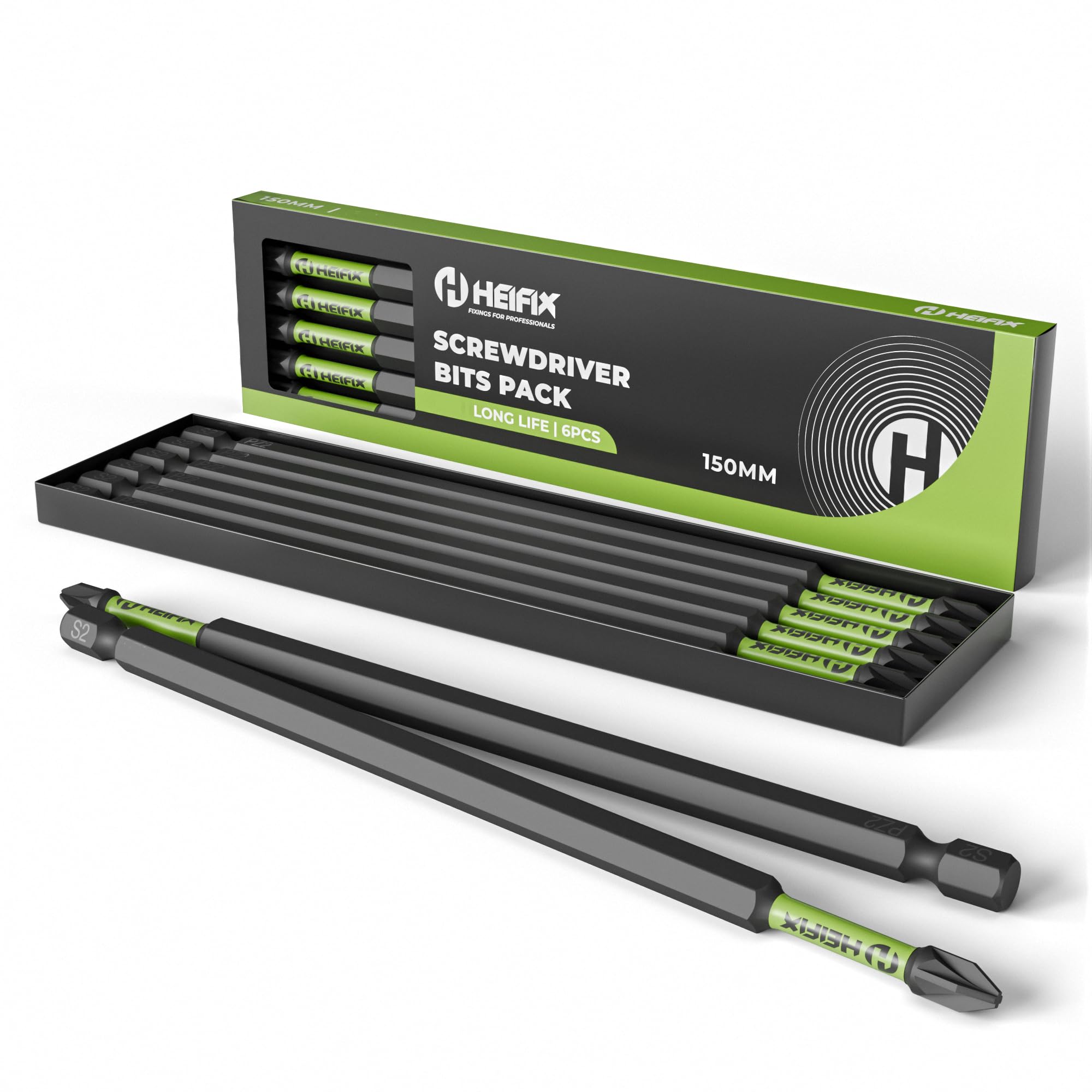 Heifix 6 x 150mm PH2 Impact Long Screwdriver Magnetised Bit Set in Eco Storage Box - Phillips Drill Screw