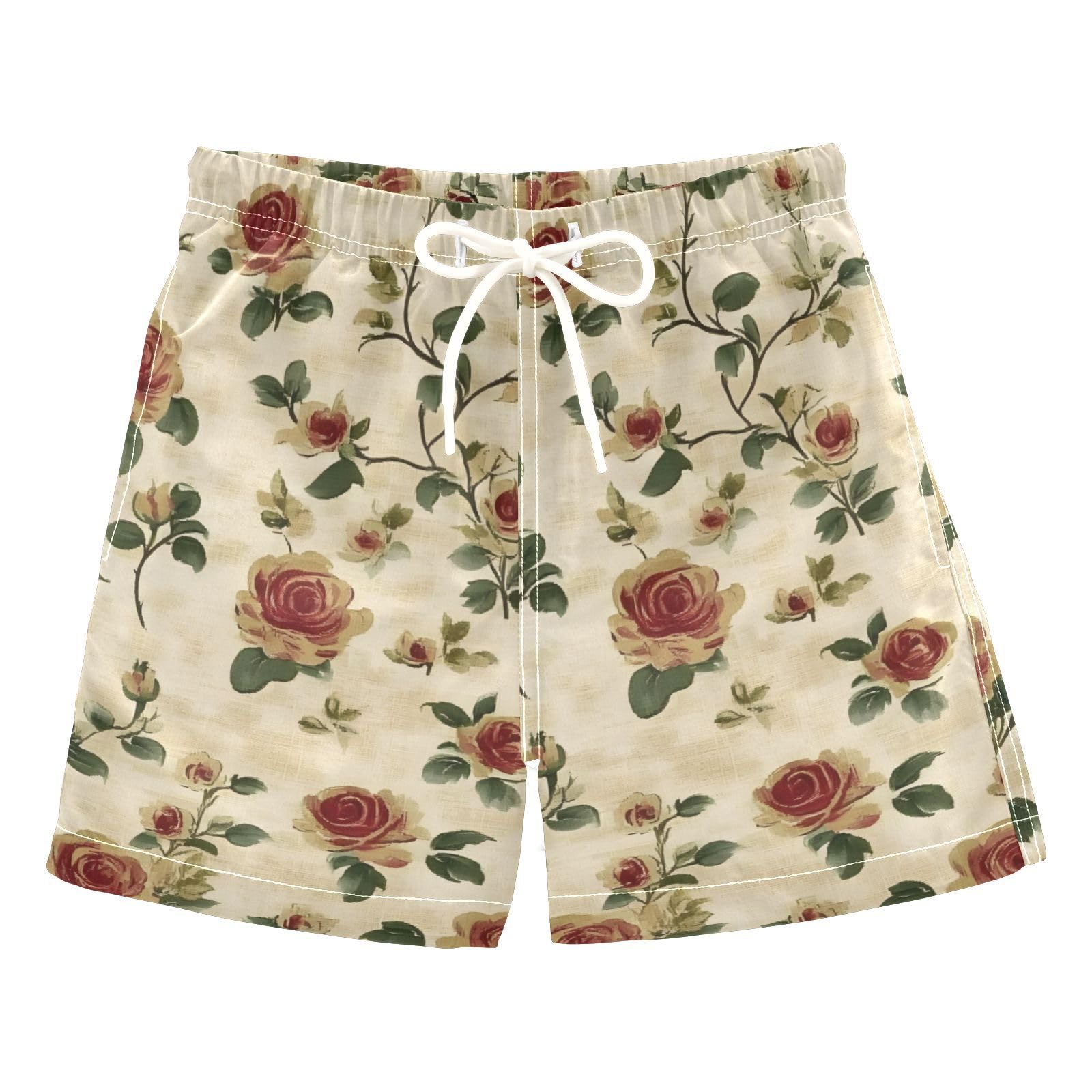 FLildon Vintage Roses Boys Swim Trunks with Mesh Lining Quick Dry Beach Board Shorts, 4T