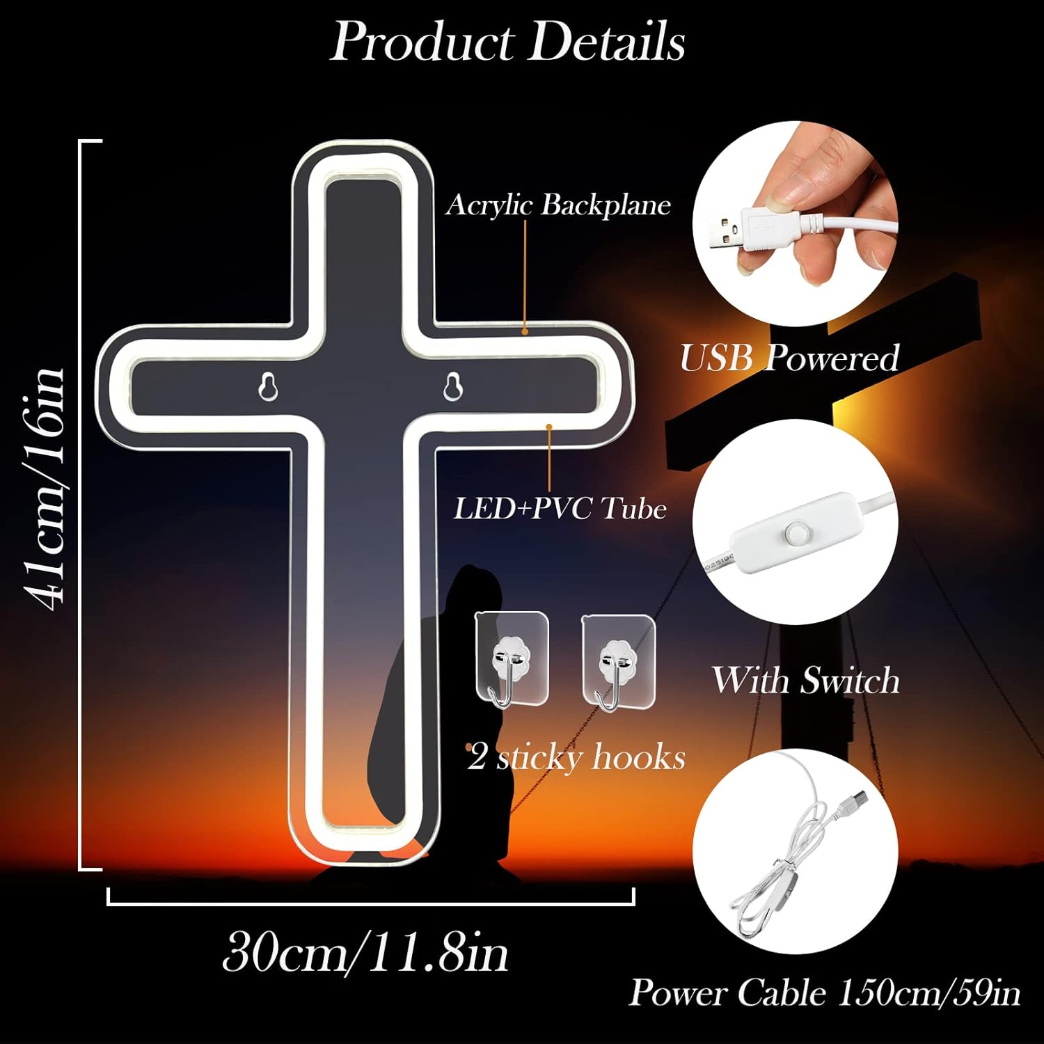 Jesus Christ Cross Neon Signs, Cross Jesus Neon Sign Light Home Decoration, Wall Mounted God Holy Jesus Crosses for Home Weddings Party Meditation Easter Present Decoration White - Image 2