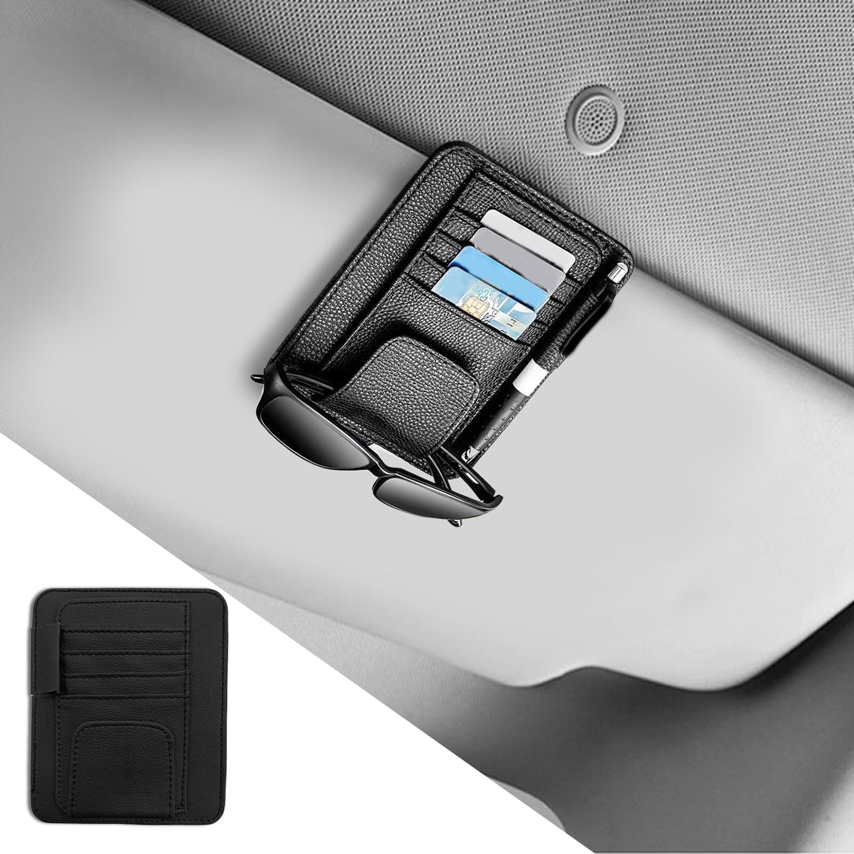 Tecledsn Small Leather Car Sun Visor Organizer Clip, Car Card Sleeve Pocket Organizer, Universal Car Visor Document Holder, Auto Visor Pocket Storage for Card Registration/Driving License Pen (Black)