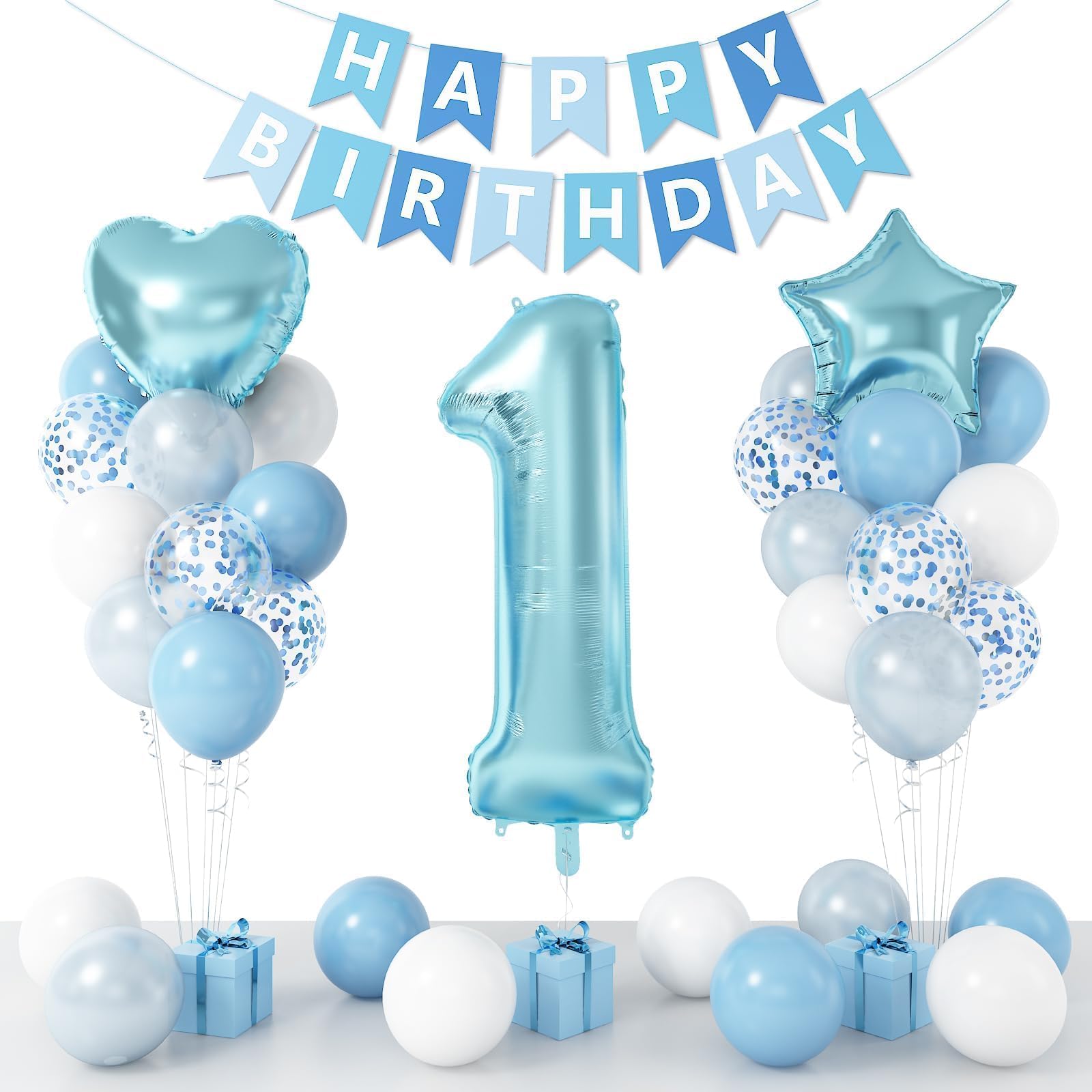 ToVii 1st Birthday Decorations for Boys - 40-Inch Number 1 Foil Balloon - Blue Happy Birthday Banner and Latex Balloons Party Supplies Kit