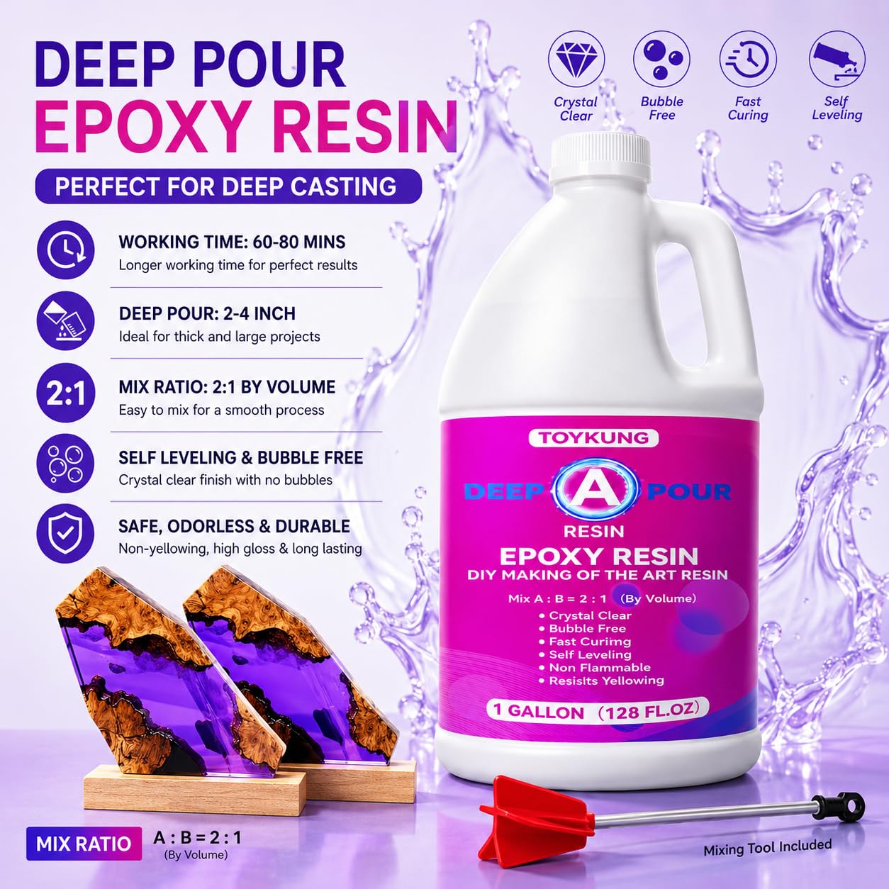 Toykung Resina Epoxi de Vertido Profundo, Kit de Resina Epoxi Transparente, 1.5 Galones, 2 a 4 Pulgadas de Profundidad, Autonivelante, para Mesa de Río, Parte Superior de Bar, Adulto, No Foldable