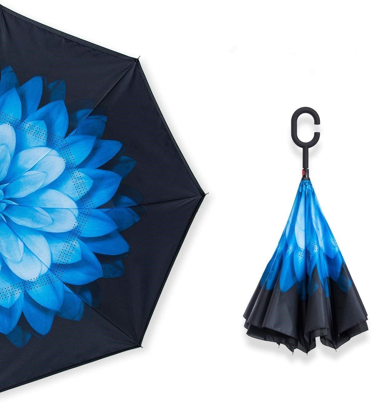 umbresen Double Layer Inverted Umbrella Cars Reverse Open Folding Umbrellas, Windproof UV Protection Large Self Stand Upside Down Straight Umbrella for Golf Women and Men With C-Shaped (snow night)