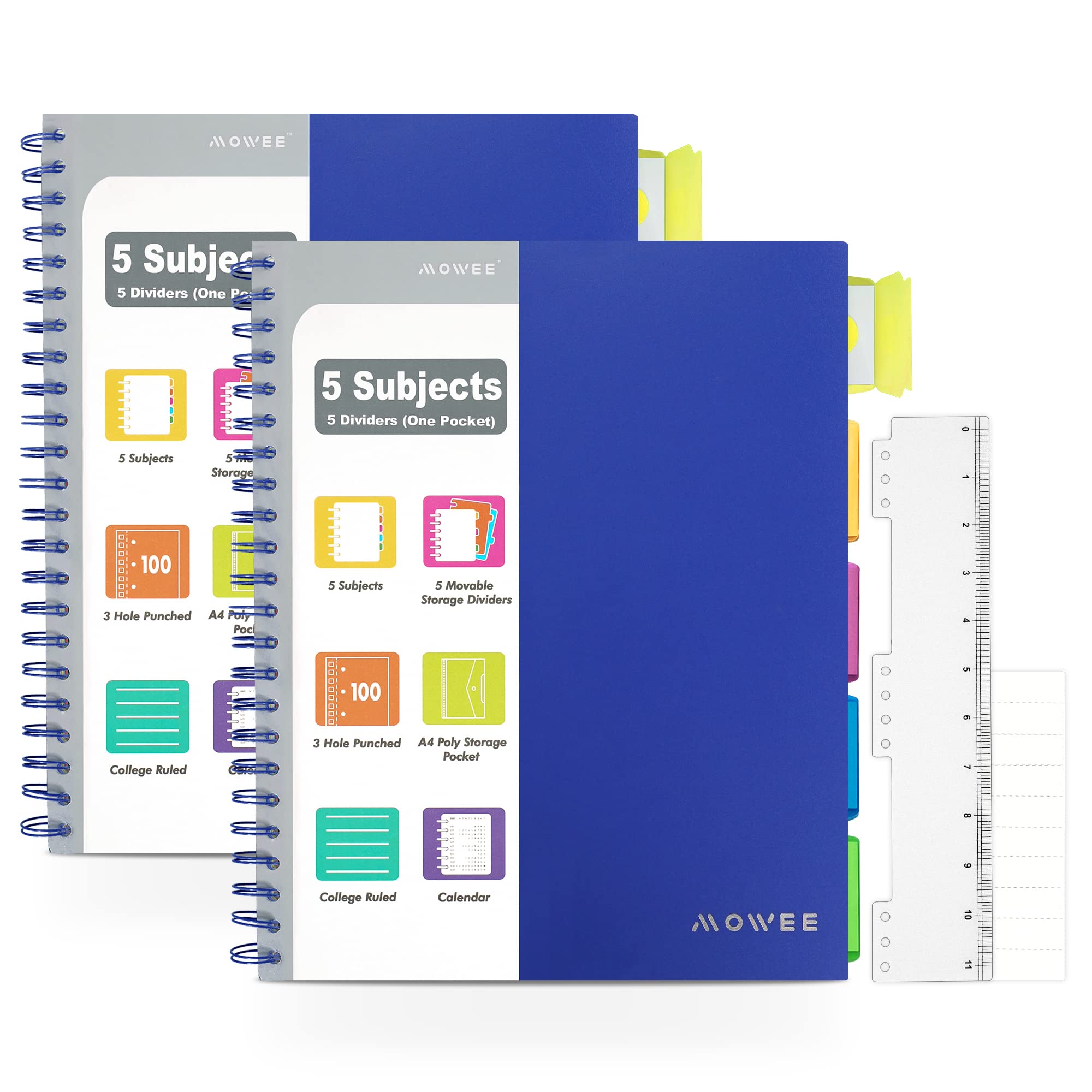 MOWEE 5 Subject Notebook, 2 Pack College Ruled Notebook with Storage Divider Pockets, Index Tabs, 11" Ruler, 200 Pages, for Writing Journal, School,