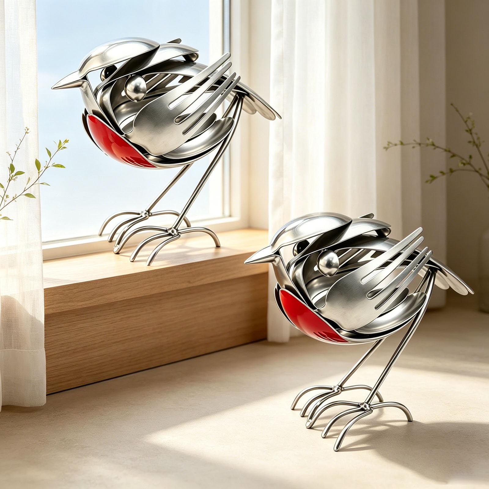 Metal Robin Garden Ornament, Metal Robin, Silverware Bird Robin (2Pcs)