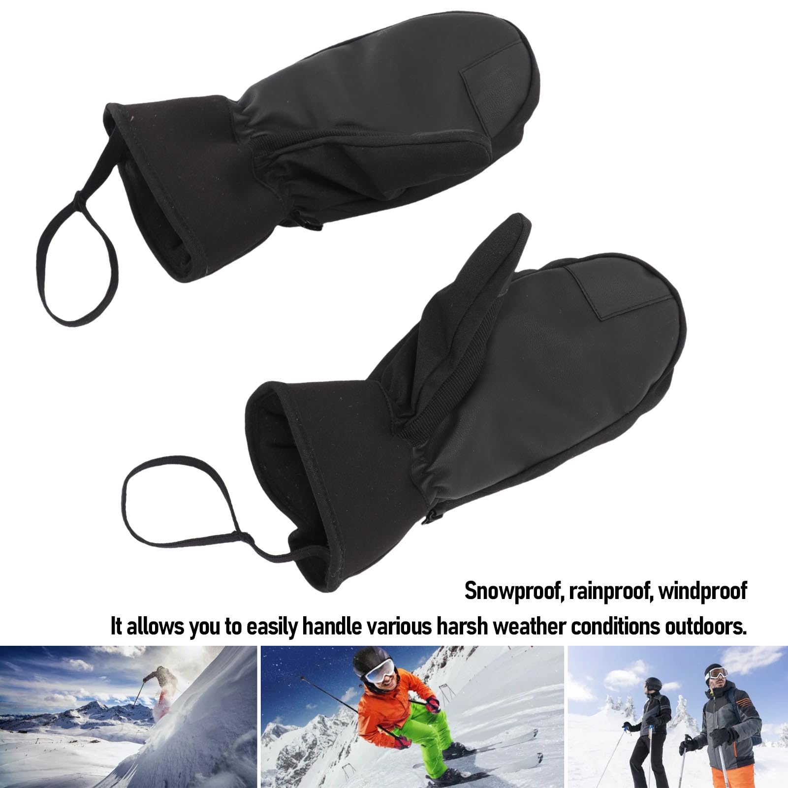 WOHPNLE Ski Mittens for Men Women, Touchscreen Snow Gloves with Zipper Pocket and Strap Warm 5 Finger Liner Mittens for Cold Weather Winter Sports (L)