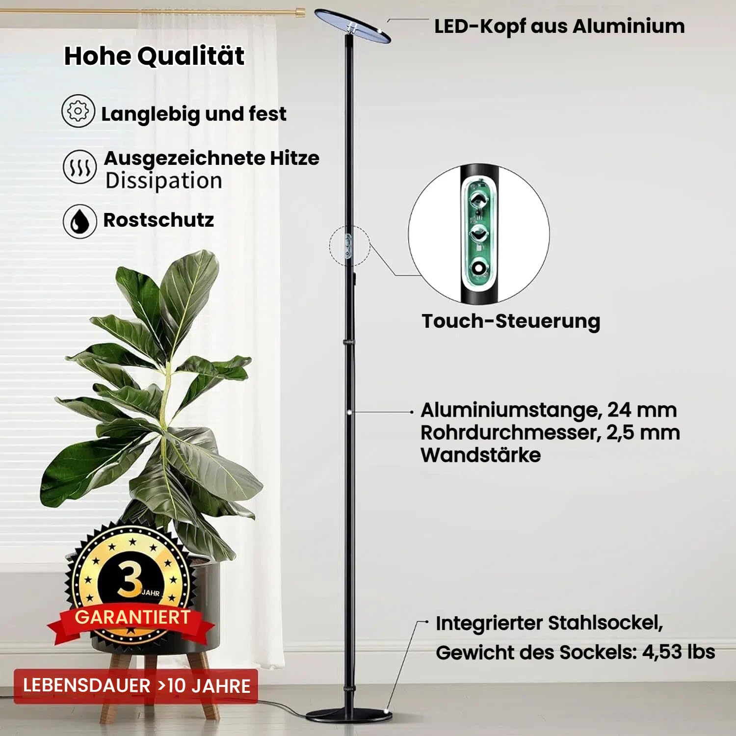 chiphy 60W 216cm Pflanzenlampe, Vollspektrum-Pflanzenlicht für Zimmerpflanzen, 4/8/12H Timer, 60W Grow-Lampe, 10 dimmbare Helligkeit, höhenverstellbar