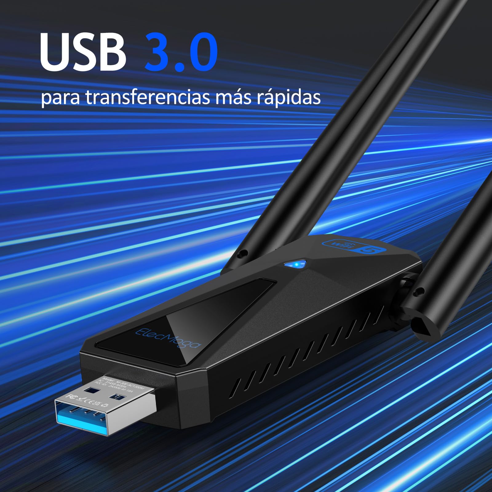 ElecMoga Adaptador WiFi USB 1300Mbps, 5dBi Antena WiFi, Receptor WiFi Dual Band 5GHz/2.4GHz, Compatible con Windows 7/8/10/11/Vista/XP/Mac/Linux, Compatible con Ordenadores Portatiles/Laptop/Tablet