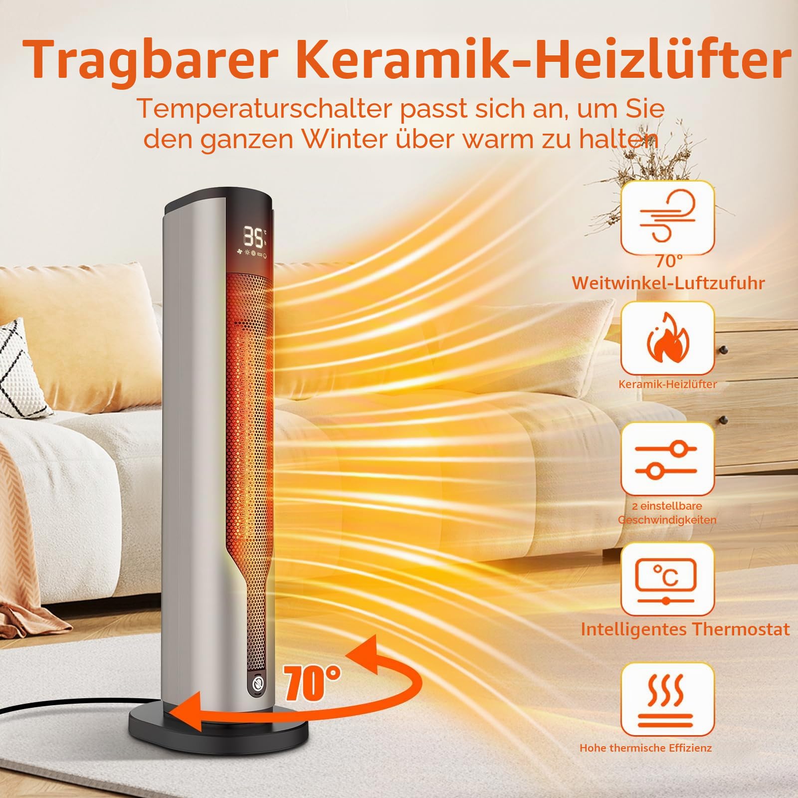 Heizlüfter Energiesparend,Niedriger Energieverbrauch 2000 W,Leiser Keramik-Heizkörper von 60 cm, Überhitzungs- und Kippschutz, 70°-Oszillation, 3 Modi, 12-Stunden-Timer