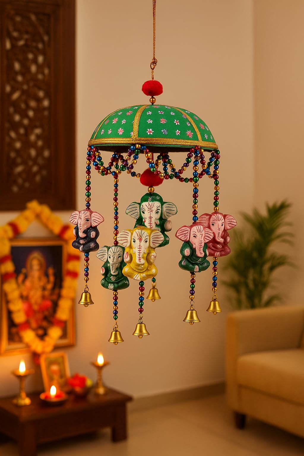 Traditional Decorative Hanging Umbrella with Ganesh Idols – Multicolor Beaded Design with Bells for Home Décor – Handmade Indian Craft-image-47