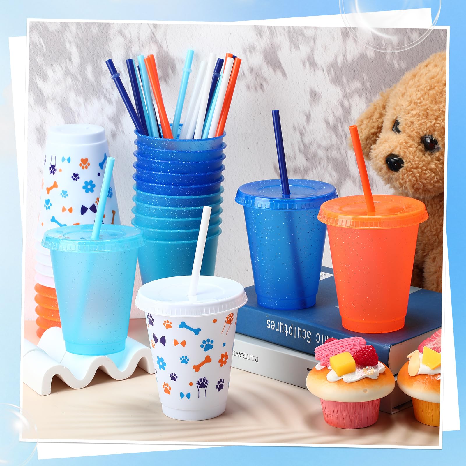 Qinyoung 24 Pcs Blue Dog Party Favors 16 oz Plastic Cups with Straws and Lids Reusable Cartoon Puppy Paw Mug Gift for Birthday Decorations, Ice Coffee, Smoothie, Juice