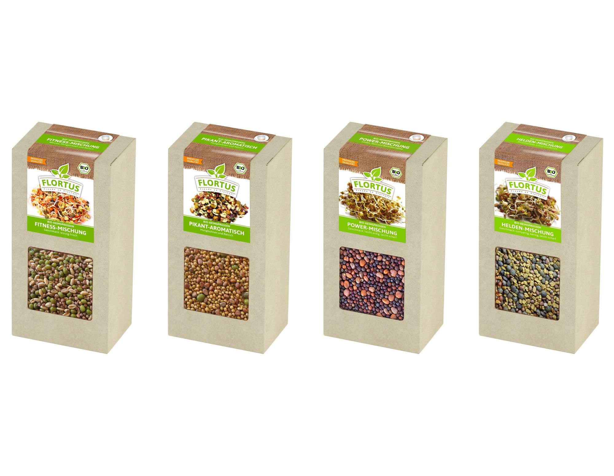 FLORTUS BIO Keimsprossen Archiv Geschenkbox - inkl. 4x Sprossen Mix | Fitness, Helden, Power & Pikante Mischung | Geschenkset mit Sprossenglas | Keimsprossenbox Holzbox mit Deckel