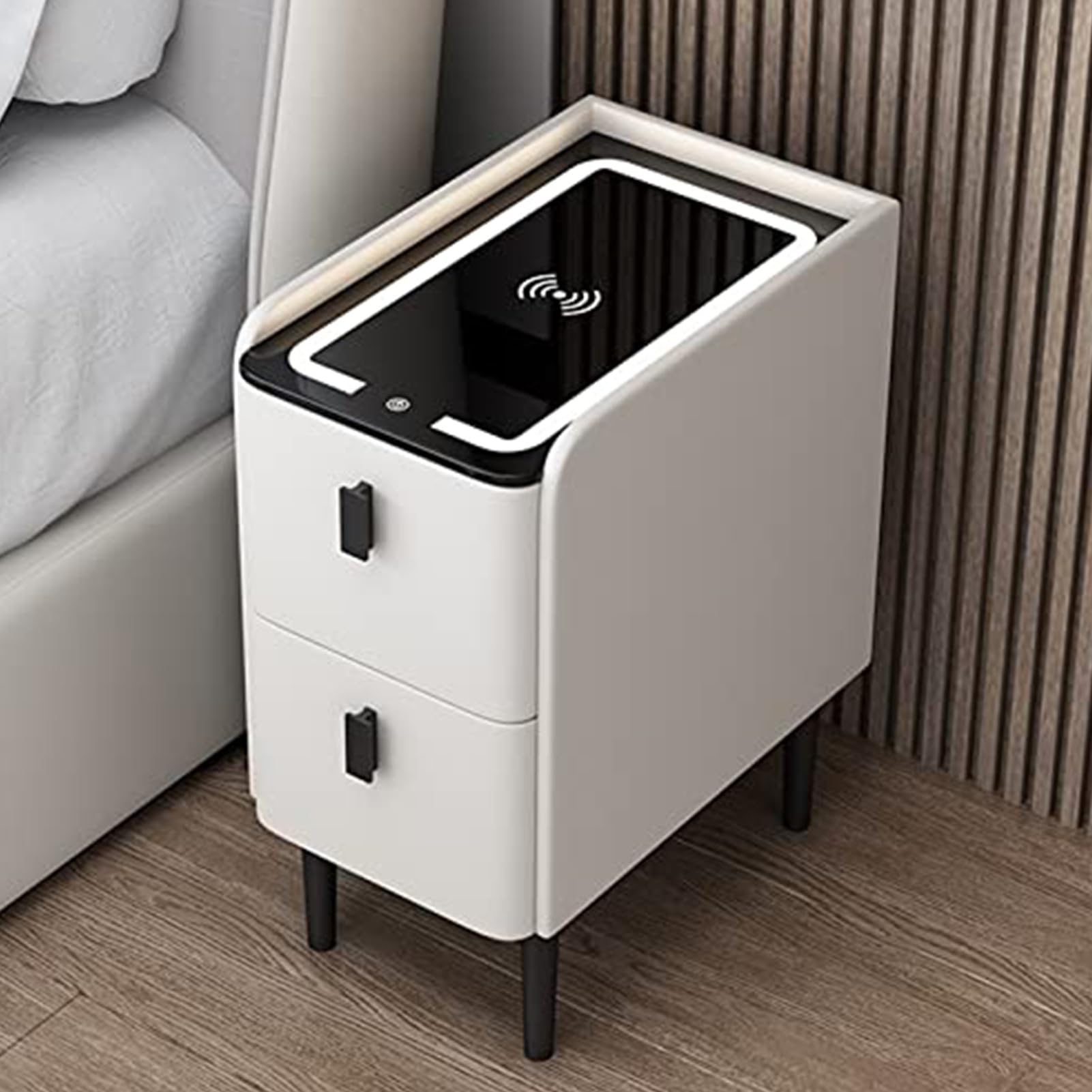 SXZenSpace Narrow Bedside Table with USB Charging Station, Wooden Side 2 Drawers, Compact Nightstand for Bedroom & Living Room (A1.35cm)