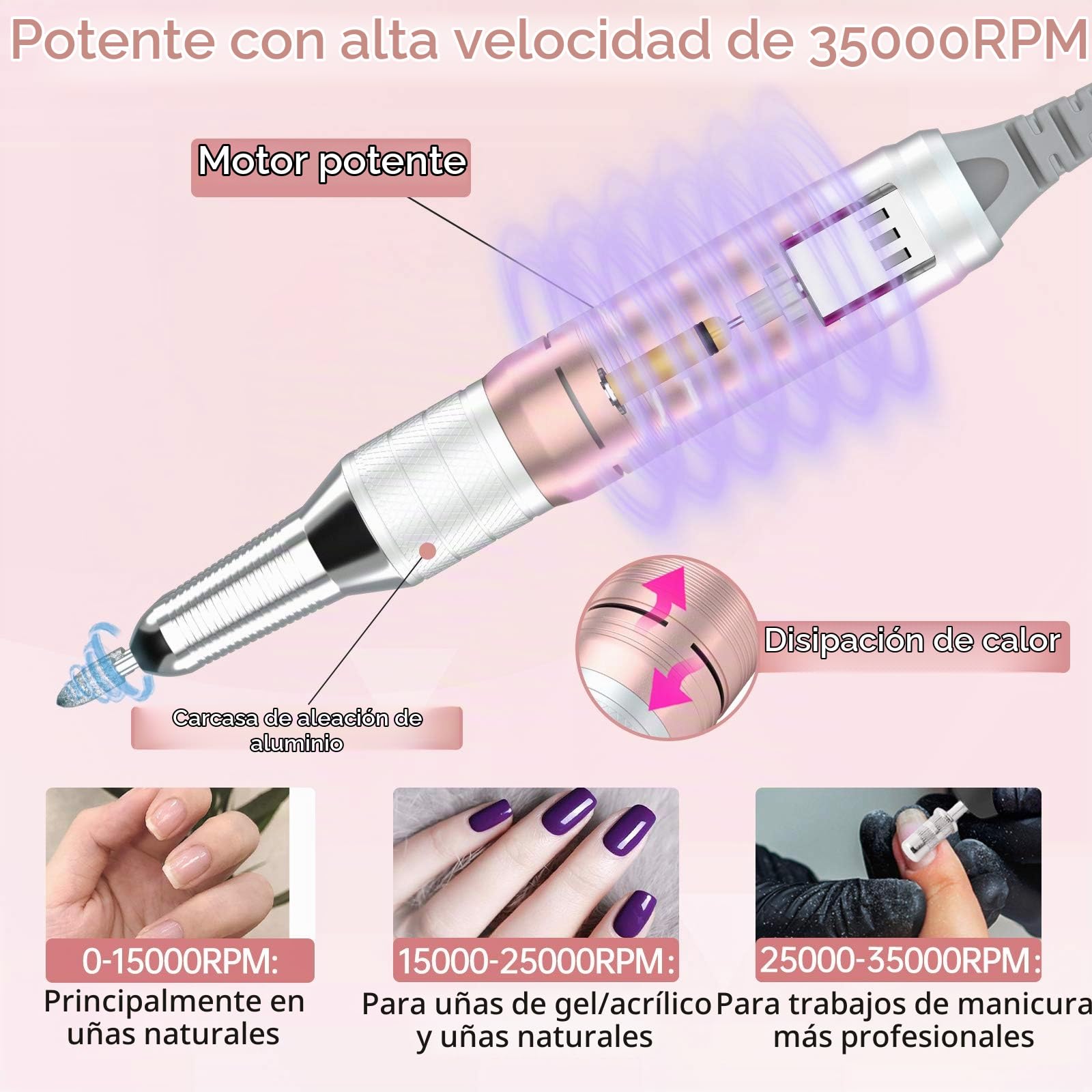 Delanie Torno para Uñas 35000rpm Profesional Portátil Acrilicas Inalambrico 35000rpm Recargable de Gel para Manicura y Pedicura con 6 brocas Recambios y Pantalla LCD para Salón y Hogar
