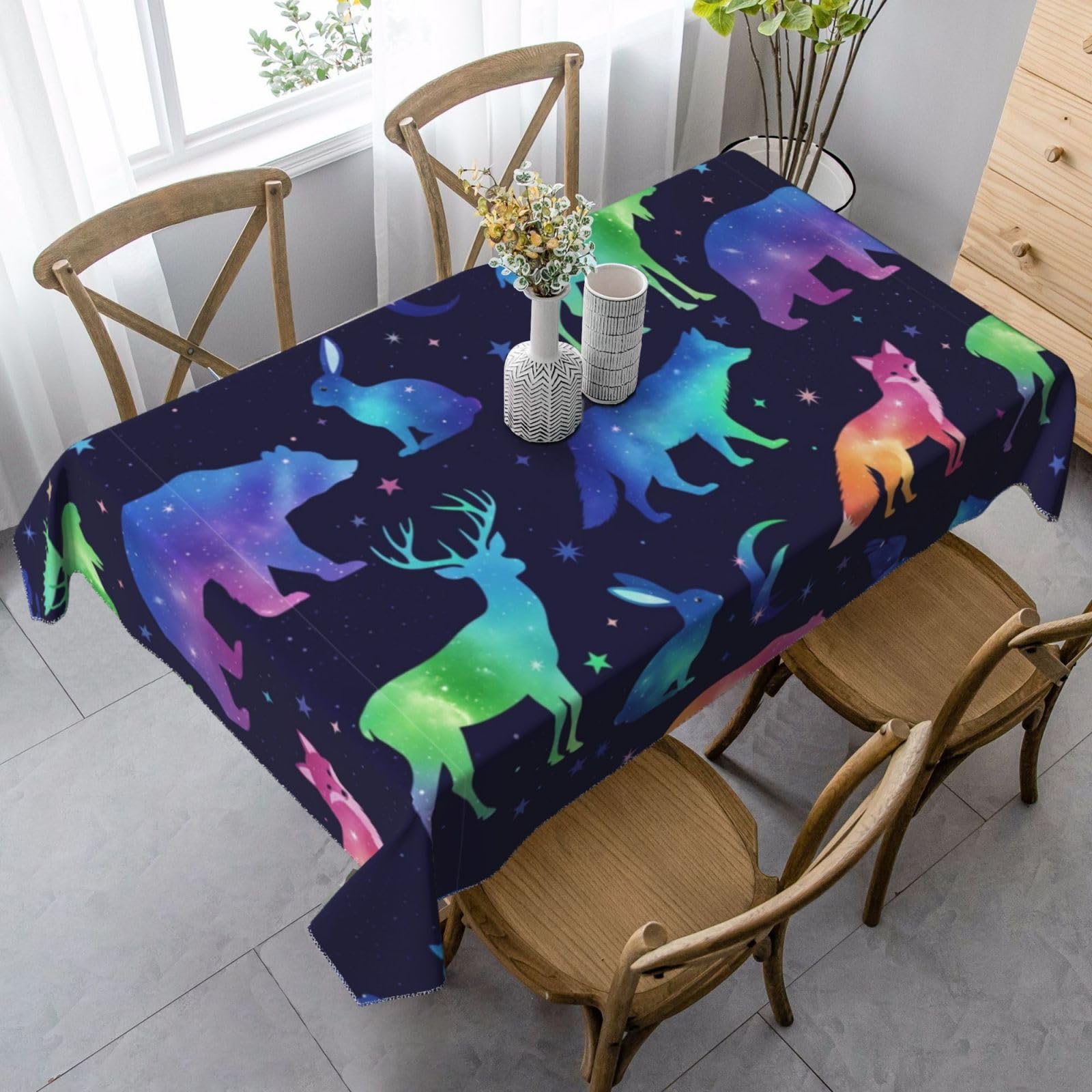 Nappe rectangulaire lavable motif galaxie et couverture table forêt