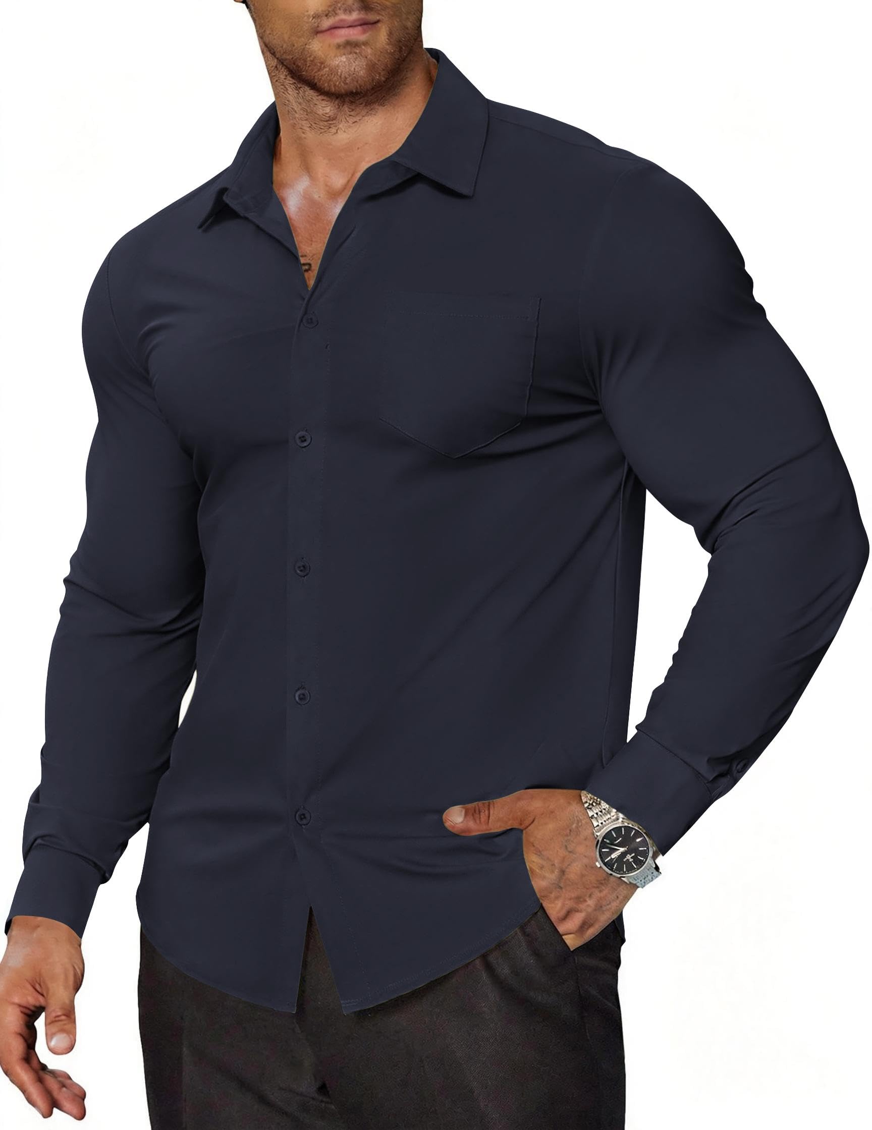 COOFANDY Stretch Mens Dress Shirts Wrinkle Free Long Sleeve Dress Shirt Muscle Fit Button Down Shirt