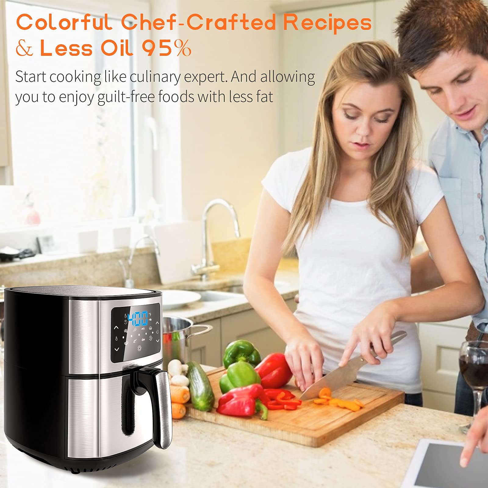 Amazon.com: COULDSTONE 氣炸鍋6 夸脫(約37.8 攝氏度至400 華氏度(約攝氏37.8 度至40.4 度)的熱烤箱電磁爐附LCD  簡易觸控螢幕不粘油炸機