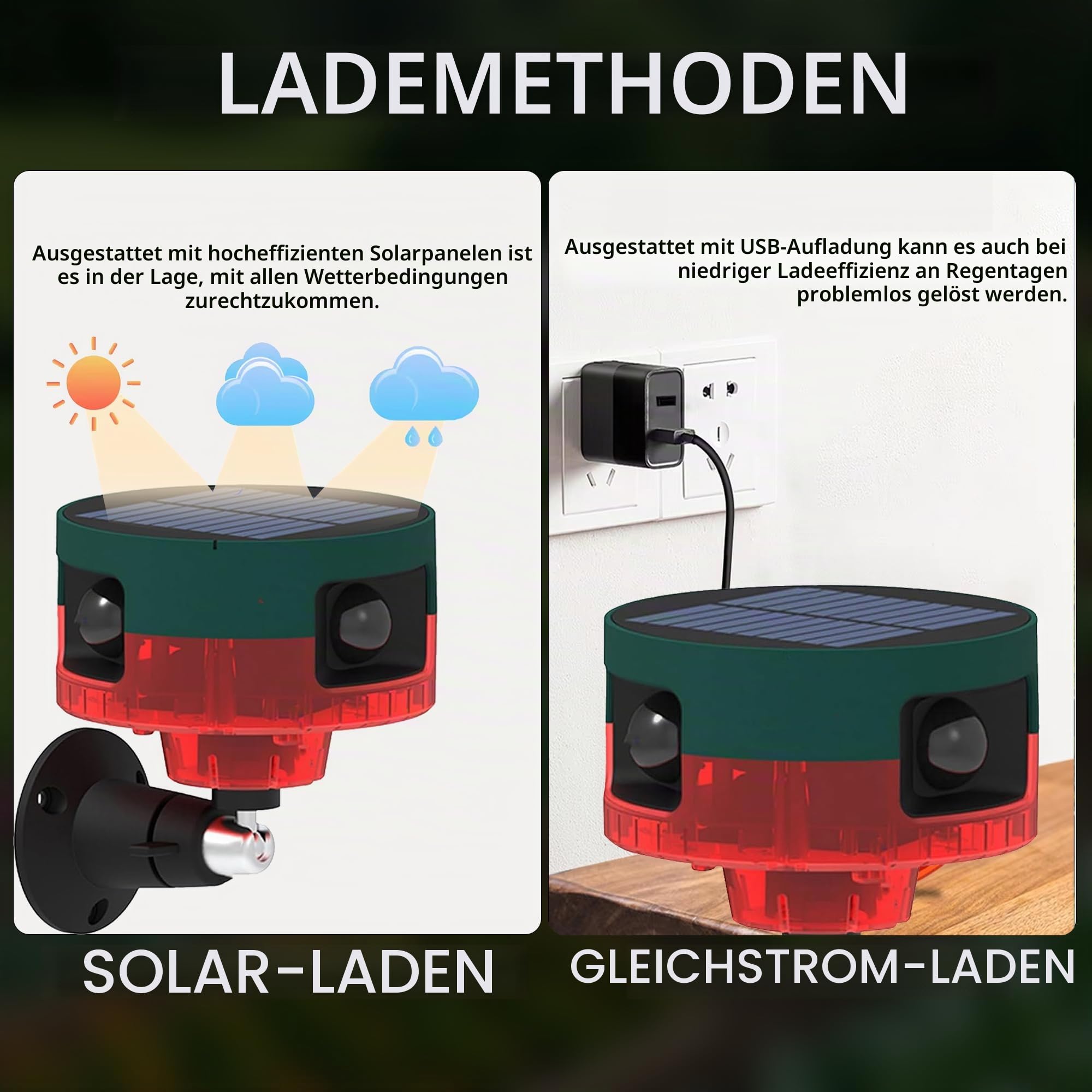 Solar-Bewegungsmelder-Alarm für draußen – Verbesserter 360°-Bewegungsmelder-Alarm, 129 dB Laute Sirene, 13 Arten von Geräuschen, Bewegungsmelder für bellende Hunde, unterstützt Aufnahme (2 Pack)