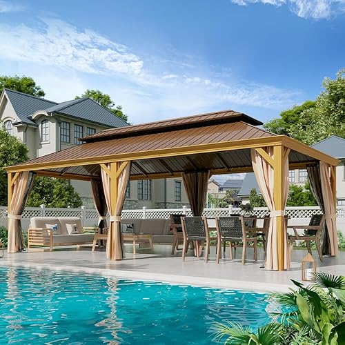 YOLENY 12' x 24' Gazebo, Wood Grain Aluminum Frame Pergola with Double Galvanized Steel Roof, Outdoor Permanent Metal Pavilion with Curtains and Nettings for Patio, Backyard and Deck
