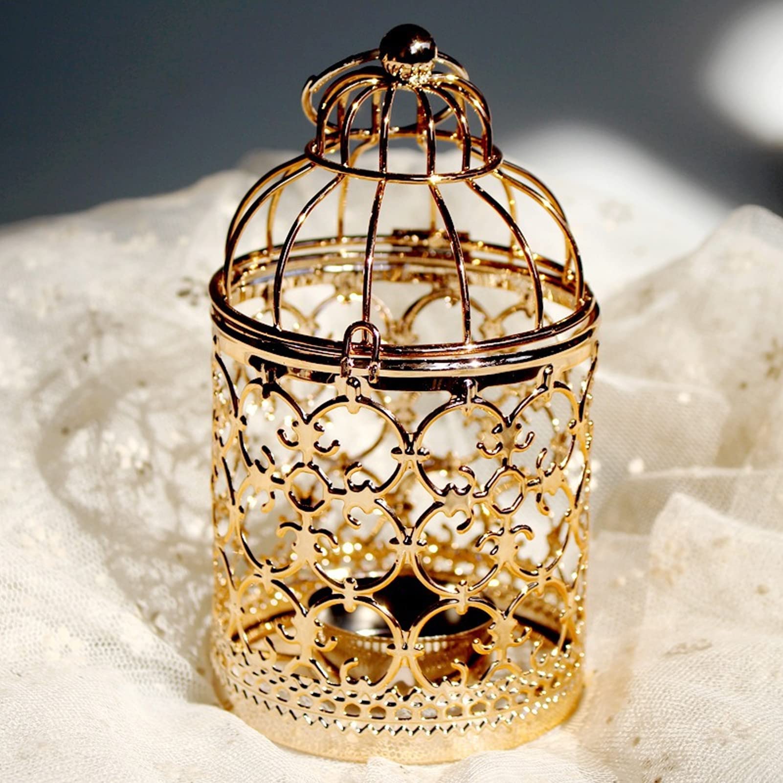 2pcs Vintage Birdcage Tealight Holder Centerpieces Hanging Metal Candle Lantern Flower Arrangement Stand for Wedding Table Christmas Mantle (Gold)