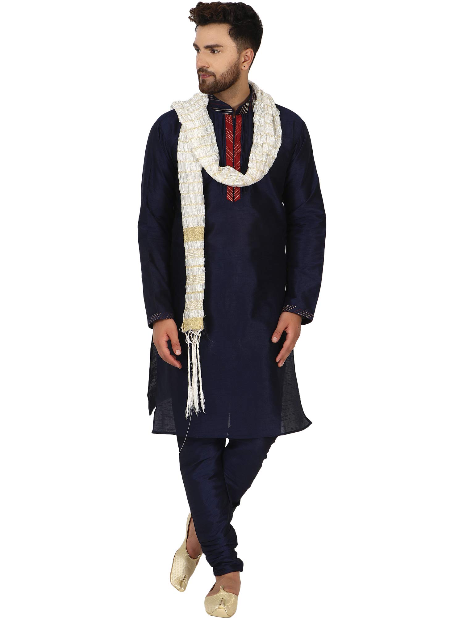 SKAVIJMen's Art Silk Embroidered Kurta Pyjama Scarf Set Woven Design Festive Party Dress