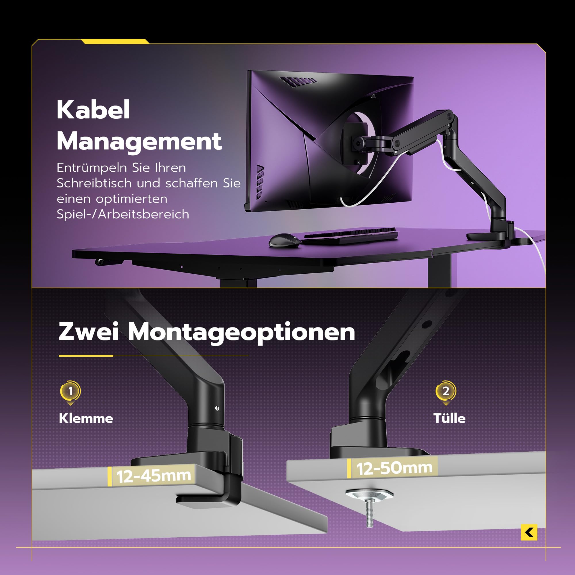 ARES WING Monitor Halterung für 17 bis 49 Zoll Bildschirme, Monitor Arm mit Gasfeder, Verstellbarer Monitorständer Max 20Kg Traglast, VESA 75/100,Schwarz