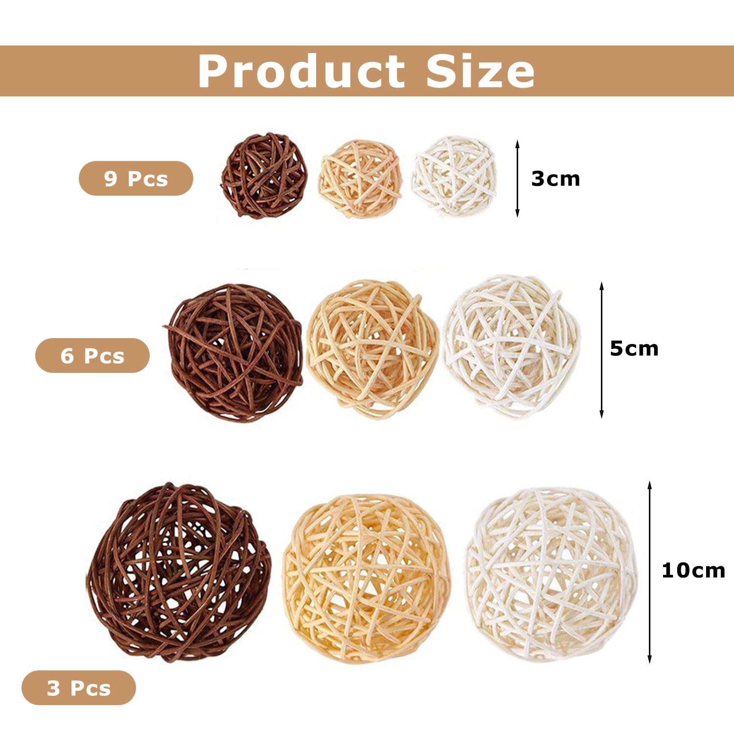18 Piezas Bolas de Ratán, Bolas Decorativas de Mimbre, Mimbre Ratán Decorativas 3 Tamaños para Decoración de Mesa Fiesta Colgante Aromaterapia Aroma Conejo Pájaro Loro Masticar Juguete