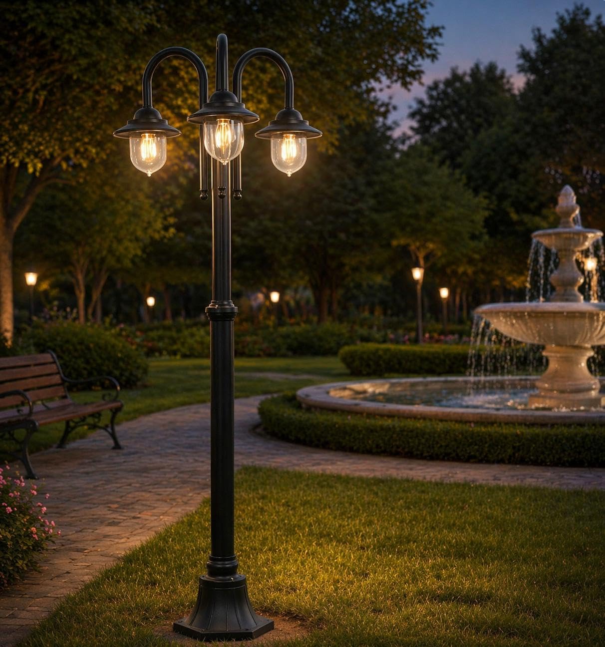 Lampione da Giardino 3 Luci E27 IP54, Lampada da Esterno Stile Classico, Palo Luce per Viale Parco Cortile, Nero/Bianco – PT-03 (NERO)
