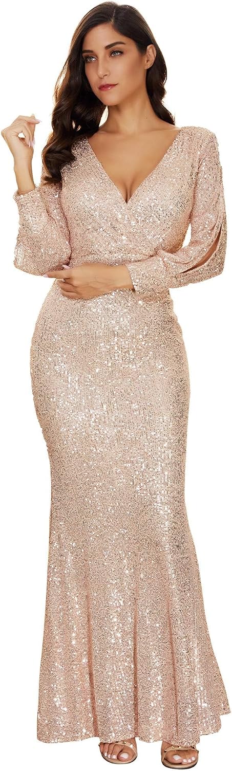 Women's Long Sleeve Full Sequins Mermaid Gown Long Prom Party Dress