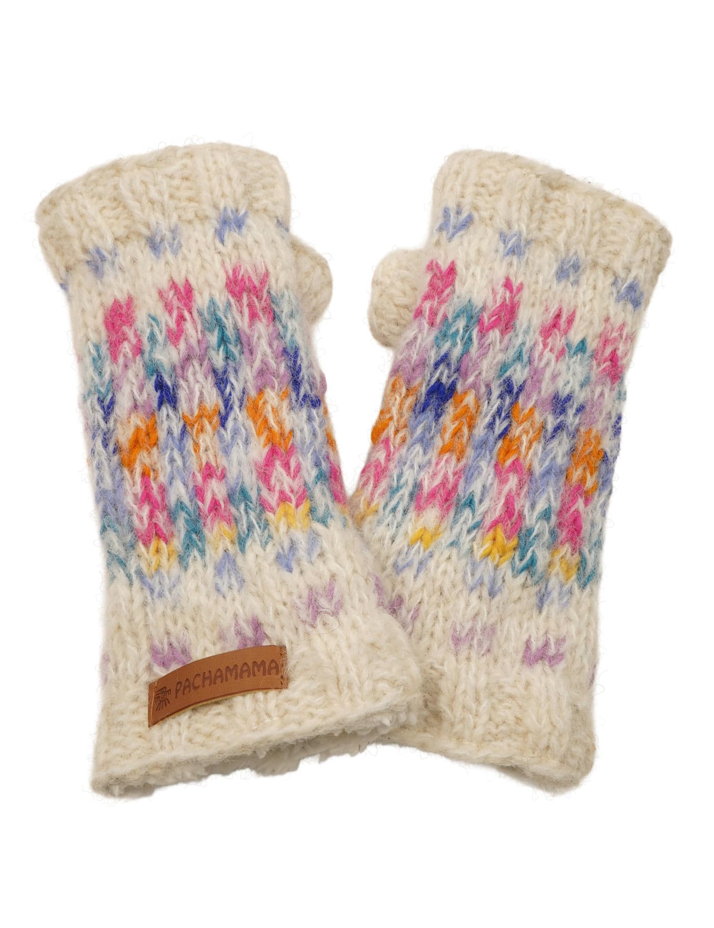 Pachamama Women Soft Wool Mohair Hand Wrist Warmers Sherpa Fleece Lined Handknitted Chequers Pastel Multicoloured One-Size Handmade Thumbhole Thermal Extra Warm Fair Trade (Oatmeal, One Size)