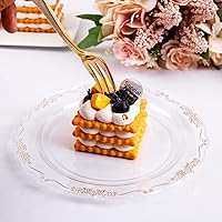 Vista 3 de LIYH 200 Piezas Platos de Postre de Plástico Transparente Dorado 7.5" y Tenedores para Pastel 5" - Platos de Plástico Pequeños Transparentes