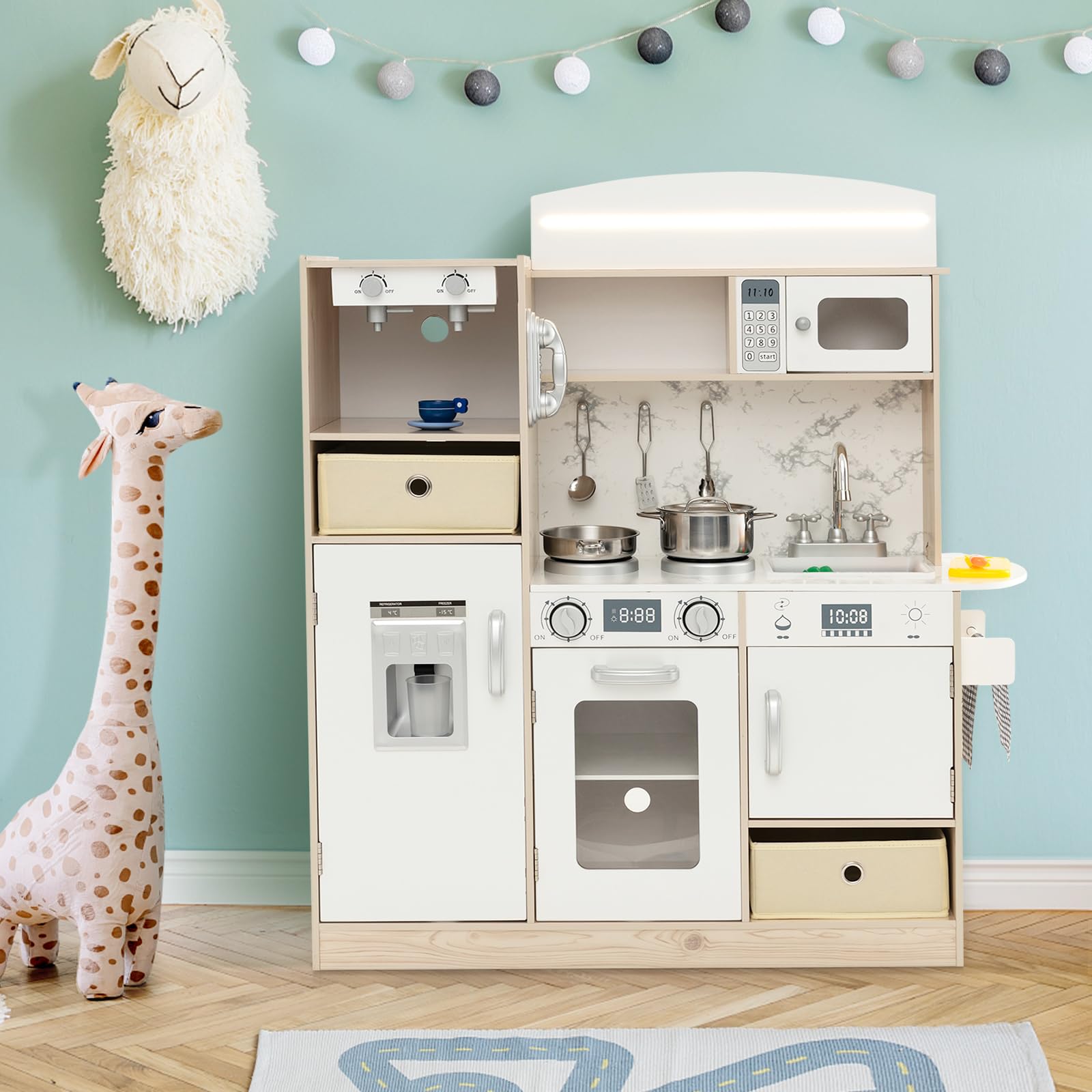 HOMASIS Cucina Giocattolo con Luci LED Regolabili, Cucina Realistica in Legno con Cestini in Tessuto Removibili, Macchina per Caffè, Frigorifero, Cucinetta per Bambini dai 3 Anni in su