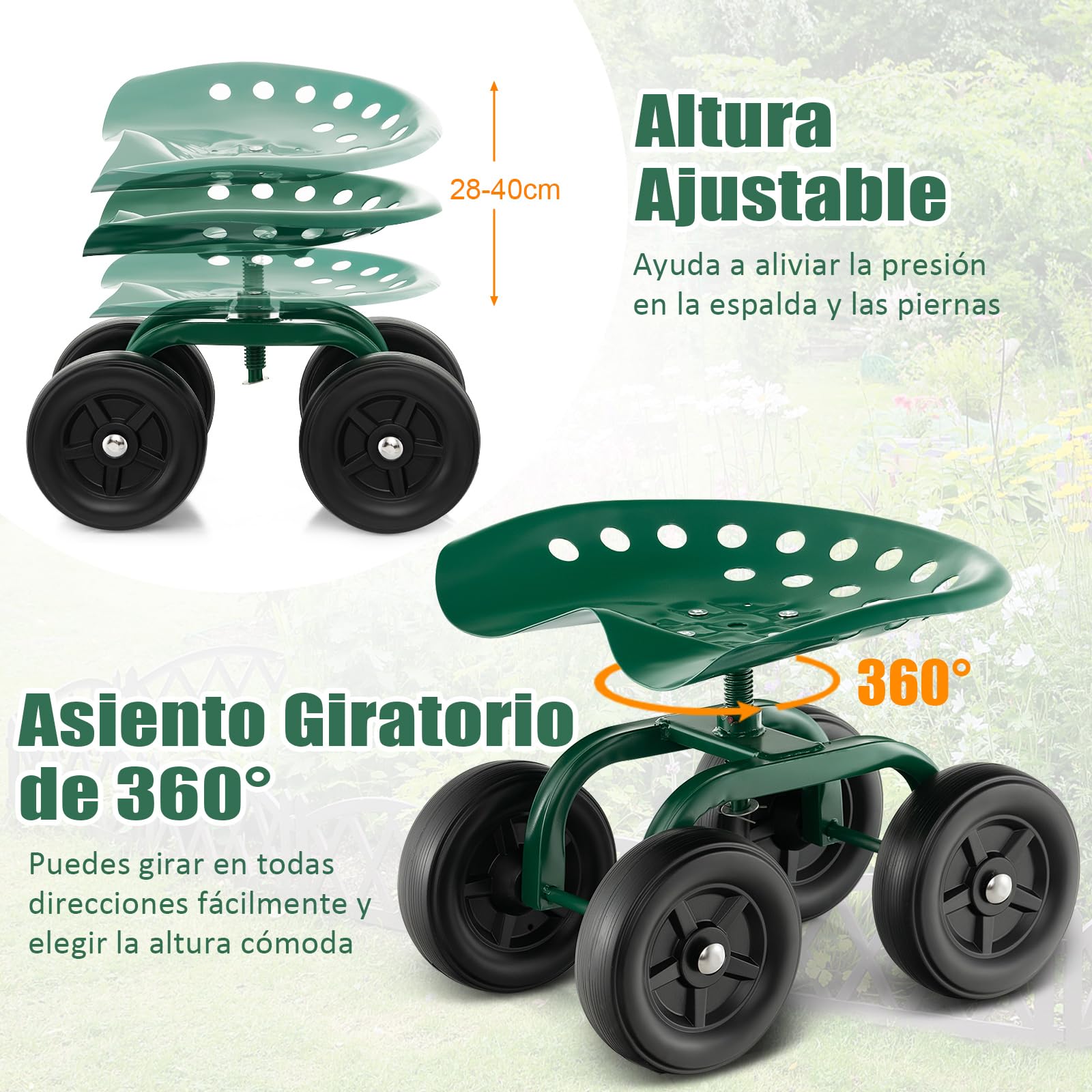 GOPLUS Asiento de Jardín con Ruedas, Taburete Móvil para Jardinería con Asiento Giratorio de 360° y Altura Ajustable 28-40 cm, Carrito para Trabajo en Jardín Patio Césped, hasta 150 kg